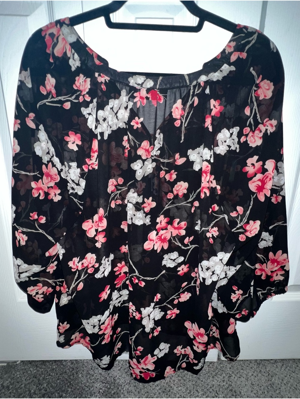 Apt. 9 Black Floral Blouse with Pink & White Blossoms
